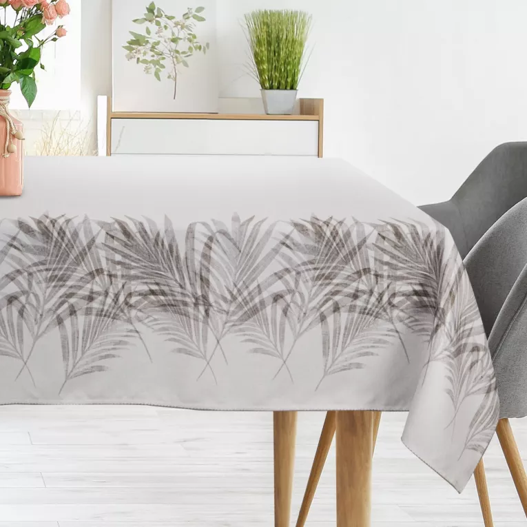 Obrus naturalno, stalowy 160x300 cm INES z nadrukowanym motywem liści palmowych