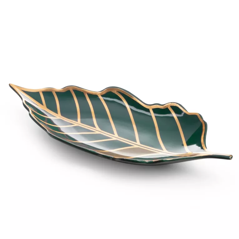 LIMITED COLLECTION Patera dekoracyjna LILI  turkusowo-złota w kształcie liścia GŁĘBIA ZIELENI