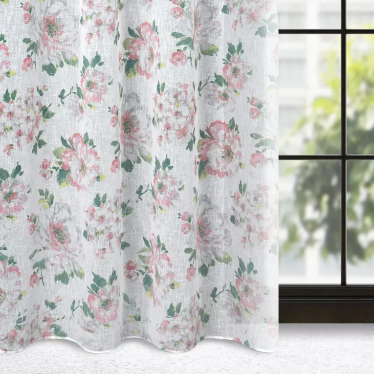 Dekoracja okienna biało, różowa z lekkiej etaminy w stylu eko z kwiatowym nadrukiem 140x250 cm przelotka - EMI