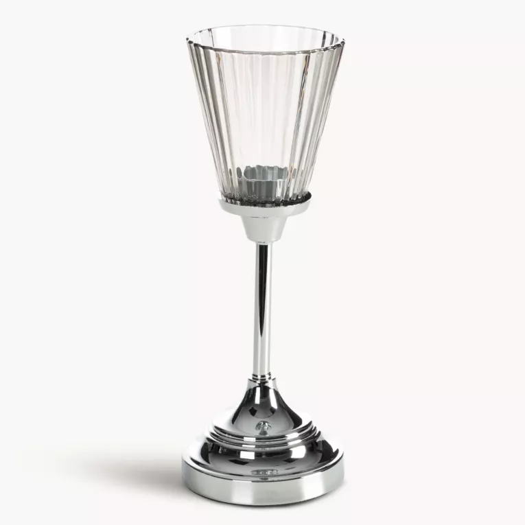 Świecznik dekoracyjny srebrno, grafitowy z szlanym złobionym kielichem rozmiar 12x31 cm ELIANI