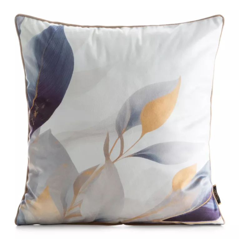 Poszewka na poduszkę 45x45 cm welwetowa, biało złota zdobiona nadrukiem roślinnym VELVET 173 Eurofirany Premium