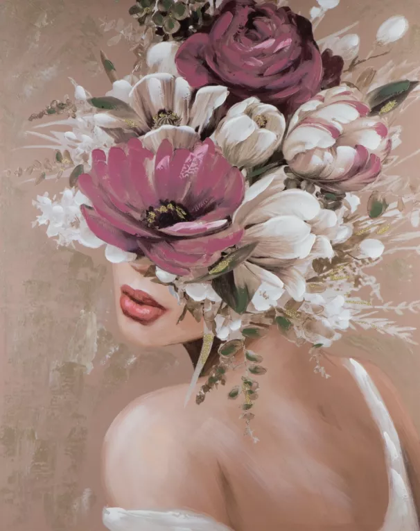 Obraz BLOSSOM 2 ręcznie malowany na płótnie portret kobiety z kwiatami na głowie