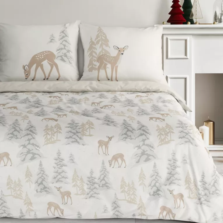 Pościel świąteczna 140x200 cm bawełna ranforce kolor biały, beżowy z nadrukiem sarenek FAWN