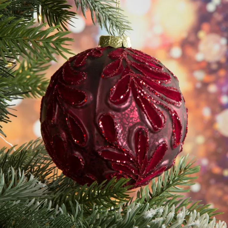 Bombka szklana z wytłaczanym wzorem złotych liści w stylu retro