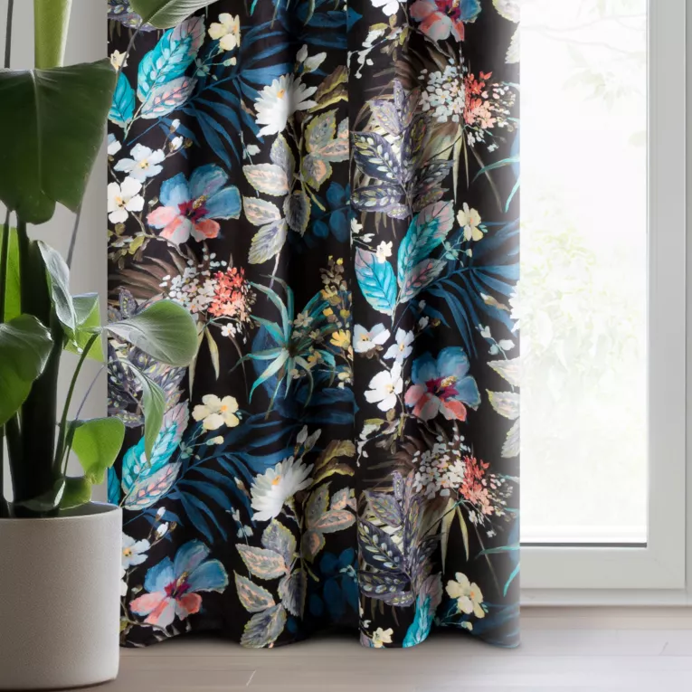 Zasłona welwetowa czarno, granatowa z nadrukiem kwiatów 140x270 cm przelotka - ALANI