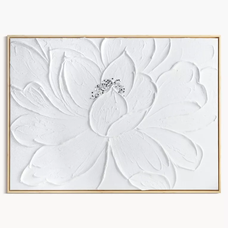 Obraz biały ręcznie malowany trójwymiarowy kwiat zdobiony kryształkami 60x90 cm