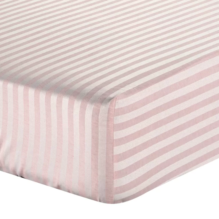 Prześcieradło  z gumką 160x200 cm z bawełny kolor różowy w pasy 125 g/m2