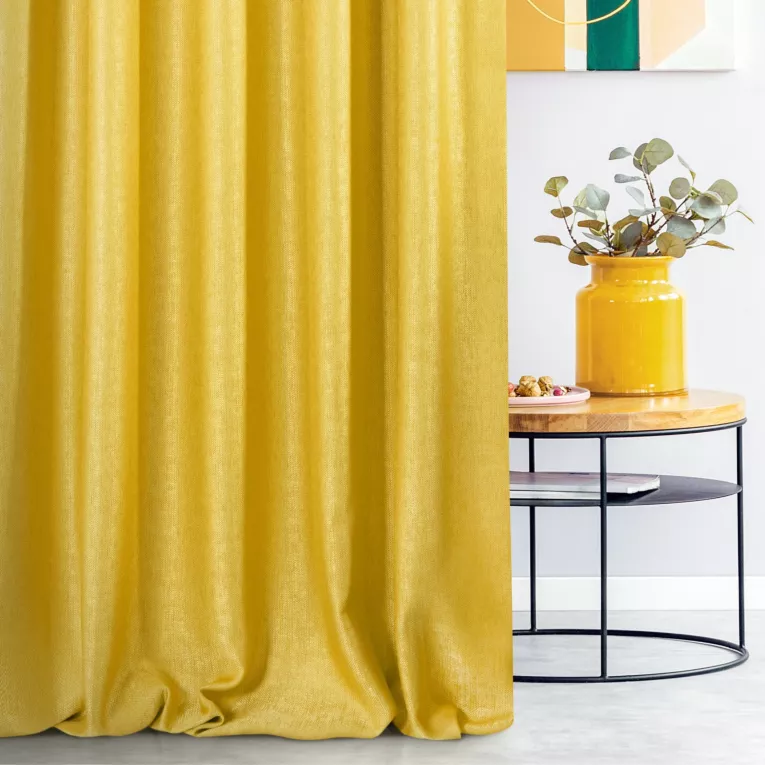 Zasłona szyta na flexach CANDY musztardowa z tkaniny z strukturalnym spolotem