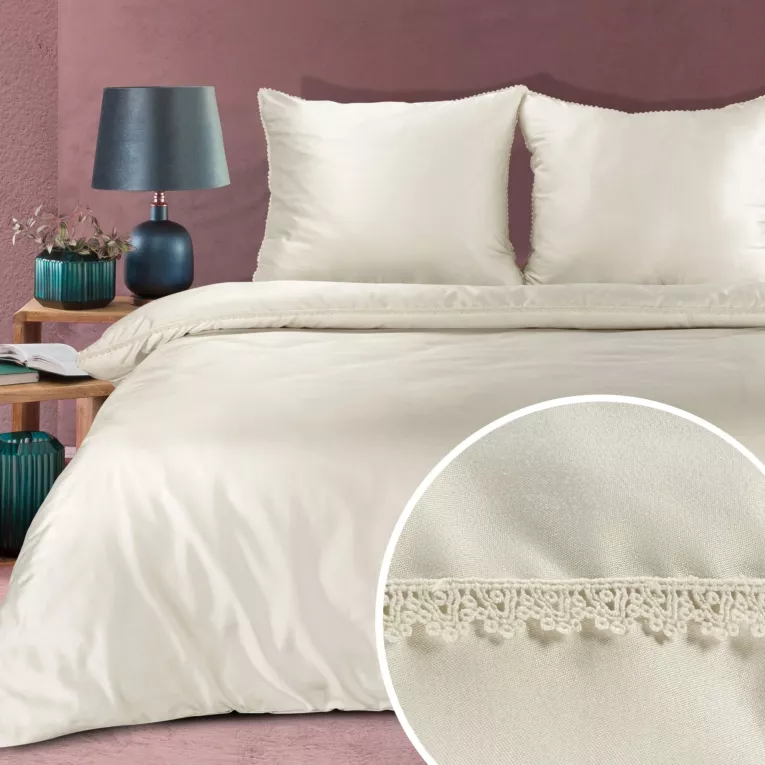 Pościel 160x200 cm komplet 3 częściowy z makosatyny bawełnianej kolor kremowy zdobiona subtelną koronką DIVA 20 - kolekcja FOREST SUMMER