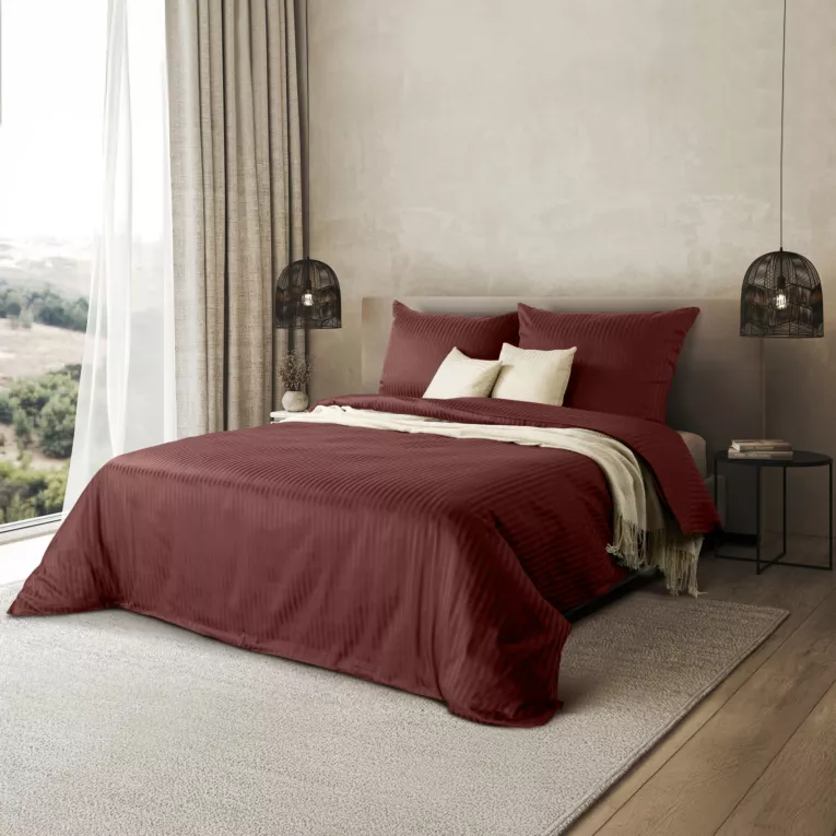 Pościel 220x200 cm satyna bawełniana kolor burgundowy w drobne prążki VERA