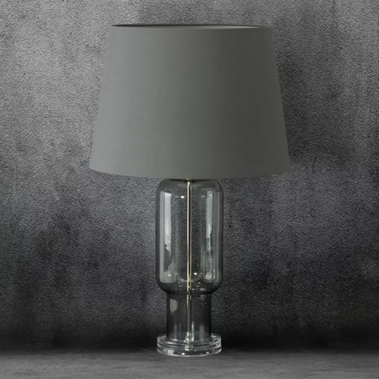 Lampa stołowa do kuchni popielata LILA podstawa z przezroczystego szkła z abażurem z matowej tkaniny