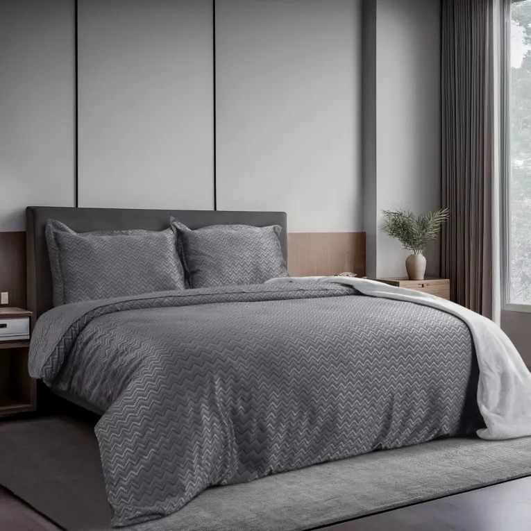 Pościel 160x200 cm z wiskozy bambusowej kolor stalowy zdobiona żakardowym geometrycznym wzorem BAMBO