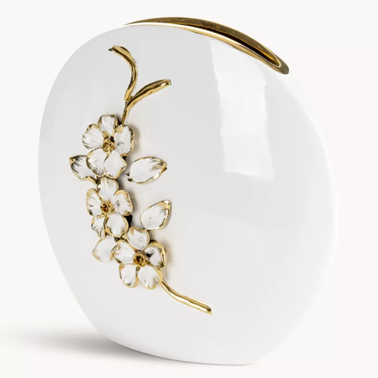 Wazon dekoracyjny biało, złoty zdobiony różami 3D  28x9x26 cm SARA