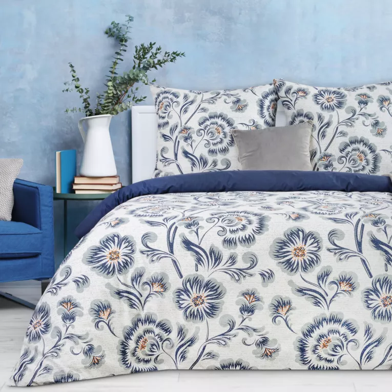 Pościel 220x200 cm bawełniana kolor biały, ciemnoniebieski z wzorem kwiatowym SONIA 21