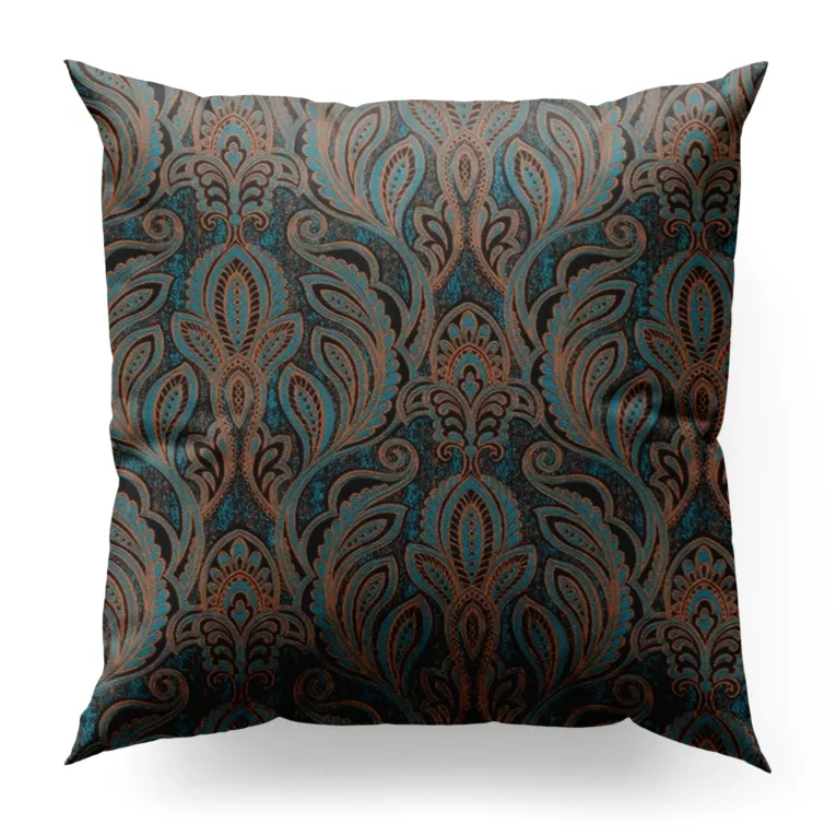 Poszewka szyta turkusowo miedziana z miękkiej w dotyku tkaniny, z fantazyjnym wzorem ornamentowym