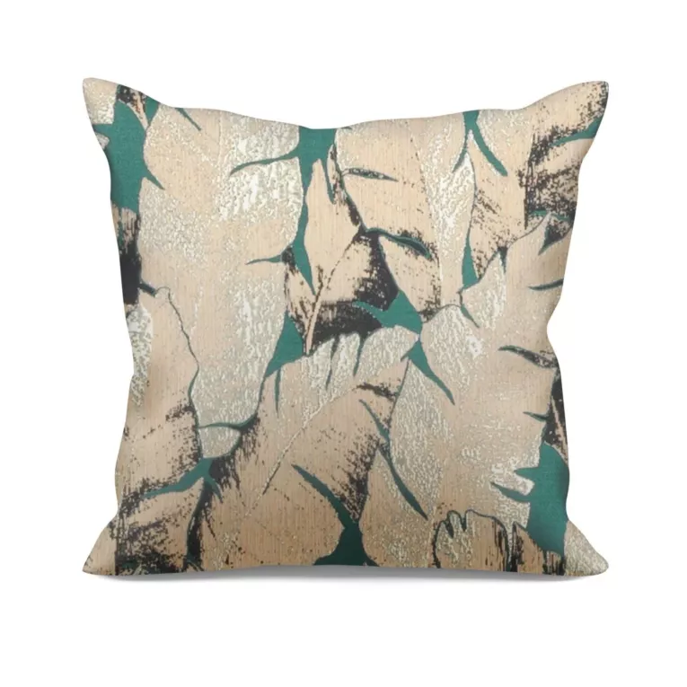 Poszewka szyta turkusowo złota z tkaniny w elegancki roślinny wzór z połyskliwą nicią i efektem 3D Italissima Eva Minge