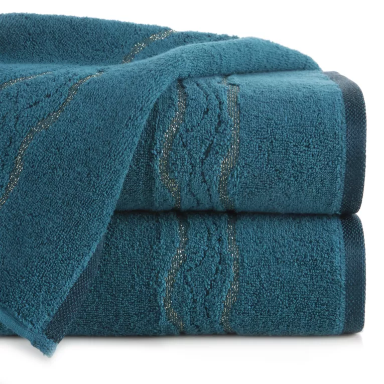 Ręcznik do rąk 30x50 cm bawełniany kolor ciemnoturkusowy zdobiony bordiurą z błyszczącym wzorem 500 g/m2 KARIN