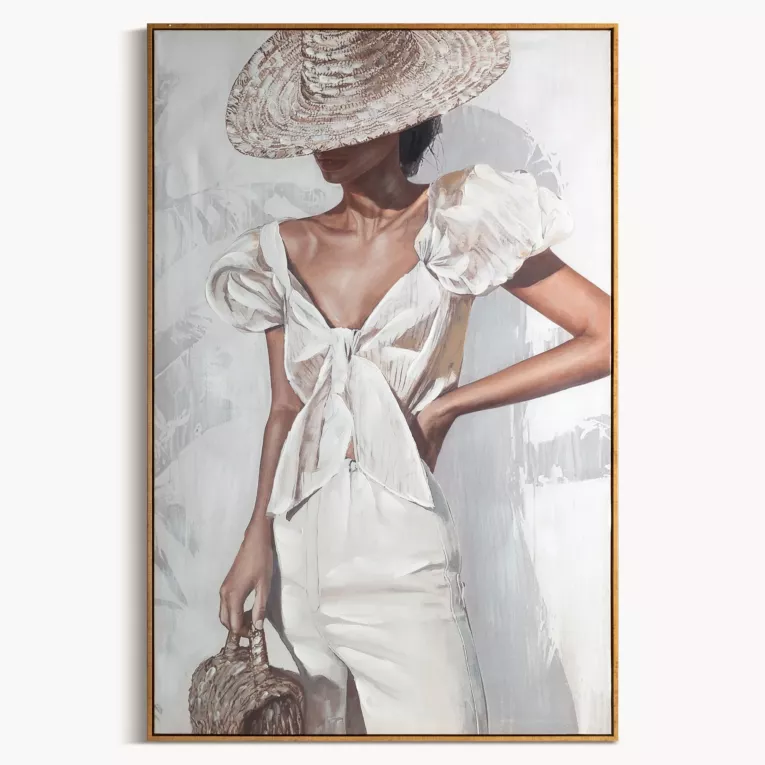 Obraz kremowo, beżowy ręcznie malowana kobieta na płótnie  oprawiony w ramę 80x120 cm