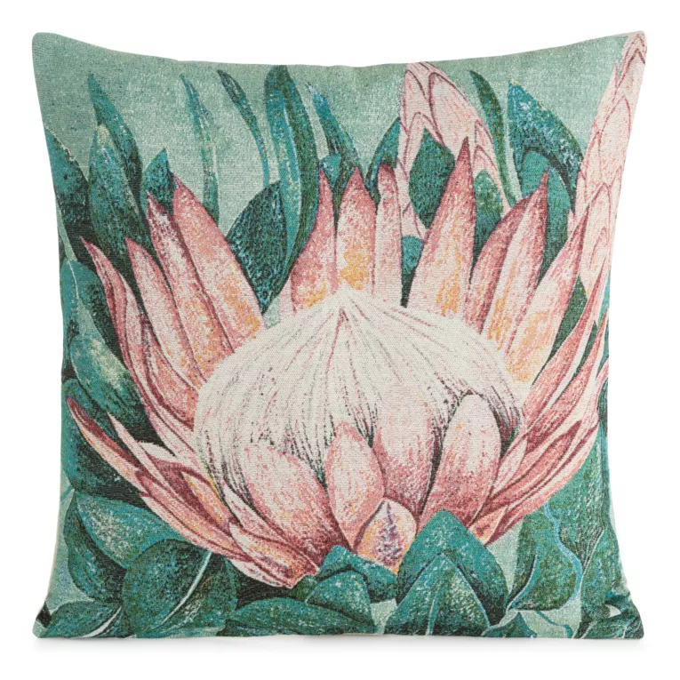 Poszewka na poduszkę 45x45 cm miętowo, pudrowa żakardowa z motywem egzotycznym GOBELIN