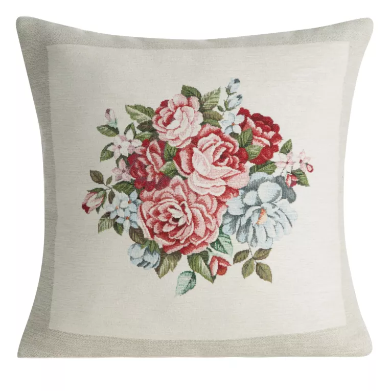 Poszewka na poduszkę 45x45 cm szenilowa kolor naturalny zdobiona wzorem kwiatów