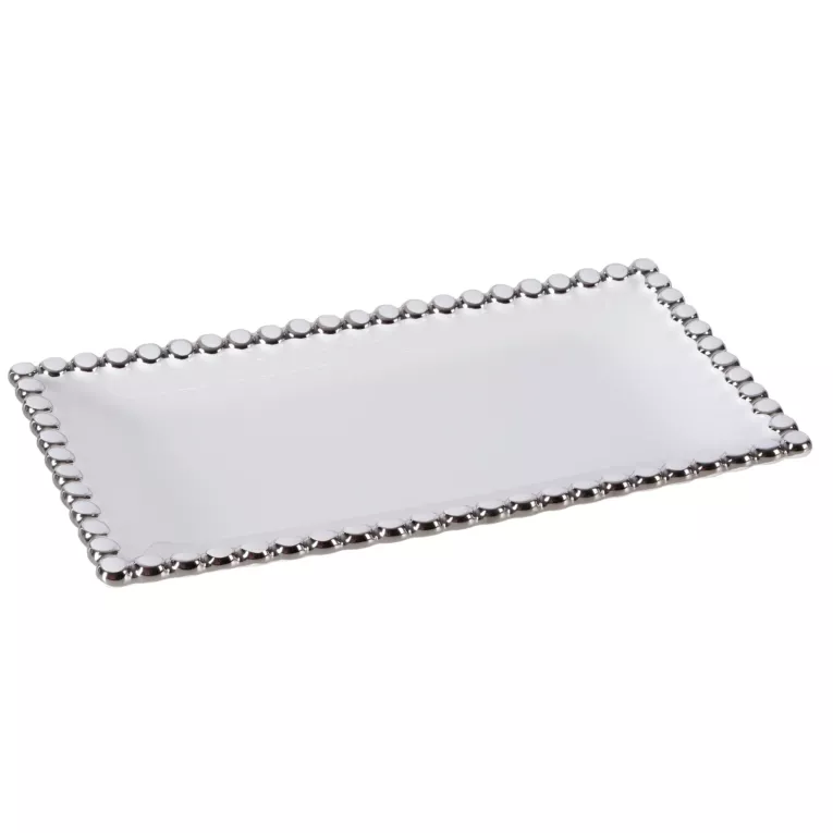 Patera ceramiczna prostokątna ELORA zdobiona na brzegach kółeczkami podkreślonych srebrnym odcieniem