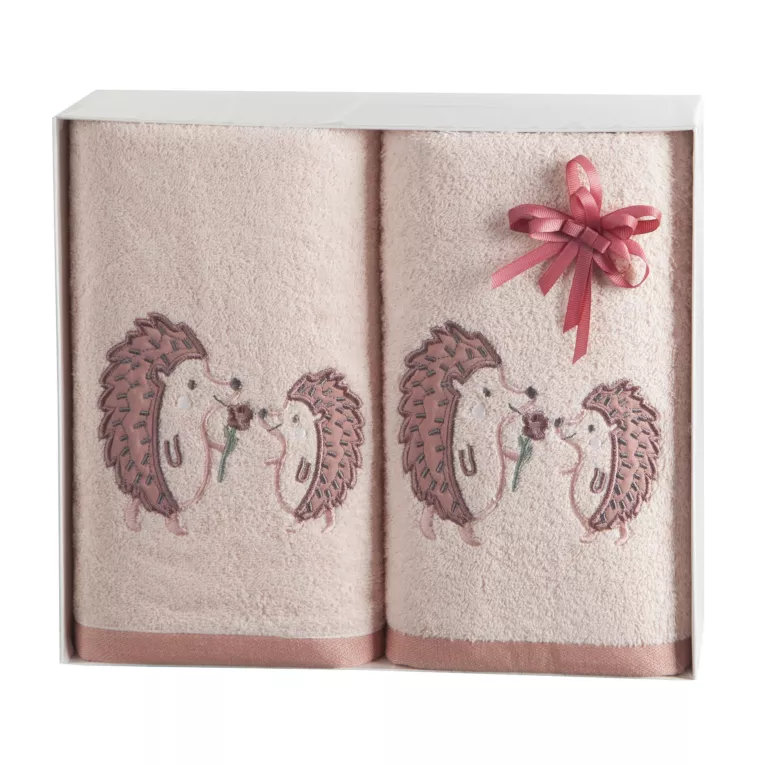 Zestaw ręczników bawełnianych na prezent 1 szt 50x90 cm,1 szt 70x140 cm kolor różowy z uroczym motywem jeży
