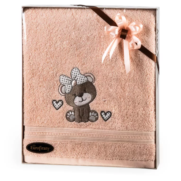 Zestaw upominkowy, ręcznik bawełniany 50x90 cm kolor jasnopomarańczowy z motywem misia dla dziecka