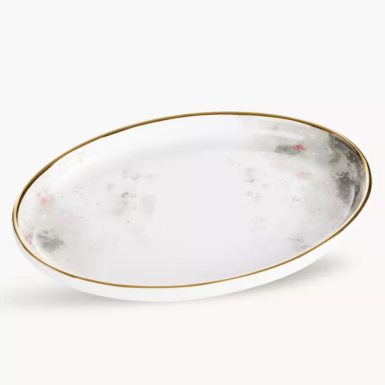 Patera dekoracyjna biało, srebrna zdobiona subtelnym wzorem 32x23x4 cm LUMIA