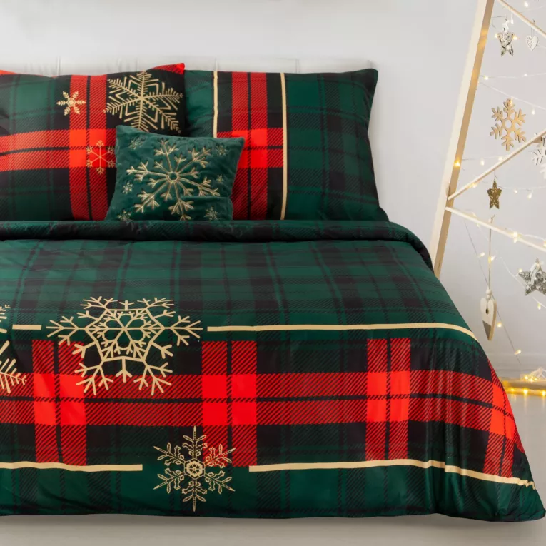 Pościel świąteczna 160x200 bawełniana kolor ciemnozielony, czerwony zmotywem świątecznej kraty STAR 01