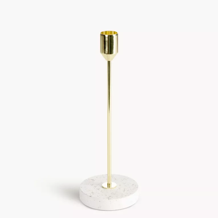 Świecznik dekoracyjny złoto, kremowy o smukłym uchwycie i kamiennej podstawie średnica 8x22 cm KORI