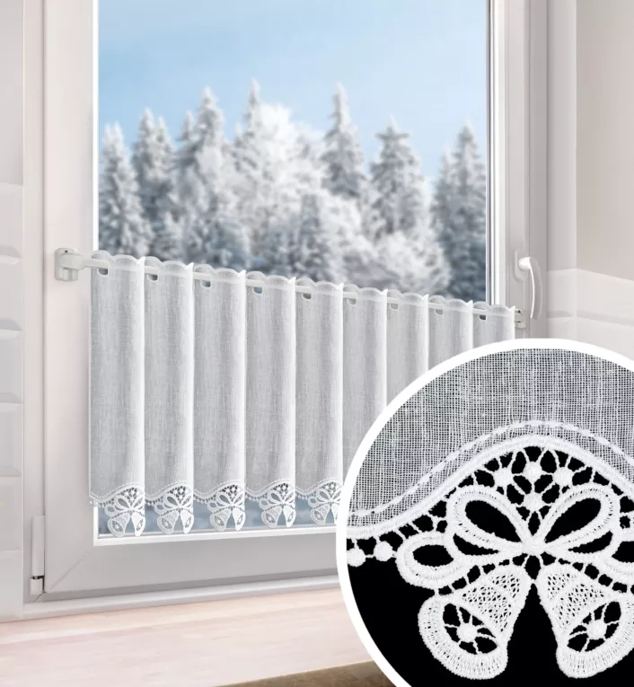 Tkanina firanowa zazdrostka z etaminy zdobiona świątecznym ażurowym haftem w formie dzwoneczków