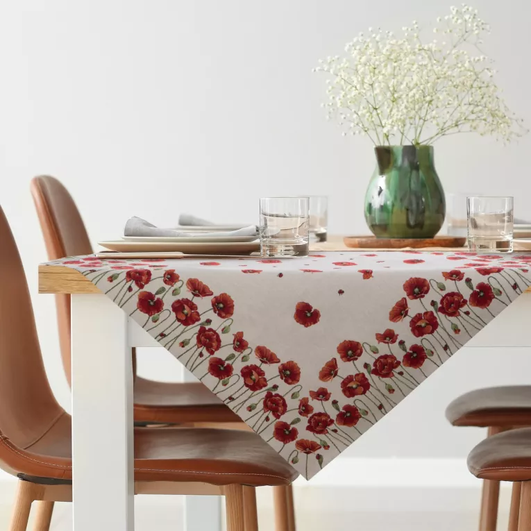 Obrus naturalno, czerwony 100x100 cm gobelinowy zdobiony motywem maków