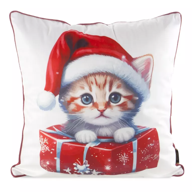 Poszewka na poduszkę świąteczna 45x45 cm biało, czerwona zdobiona uroczym nadrukiem kotka i elegancką wypustką