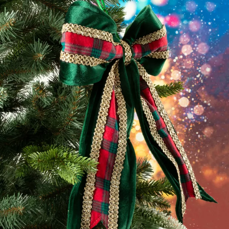 Ozdoba choinkowa KOKARDA z welwetu zdobiona kratką i złotymi dodatkami
