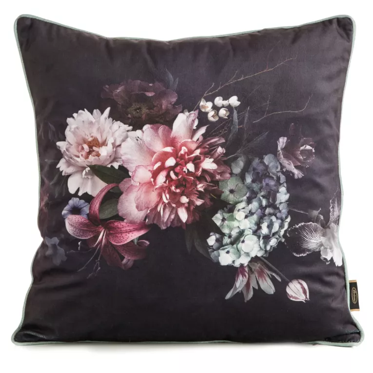 Poszewka na poduszkę 45x45 cm welwetowa, czarno bordowa, dwustronna z motywem kwiatów VELEVT 137 Eurofirany Premium