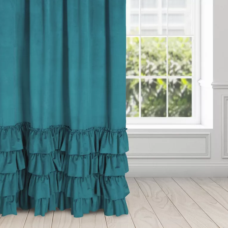 Zasłona welwetowa ciemnoturkusowa zdobiona falbanami 140x250 taśma - CHARLOTTE 1