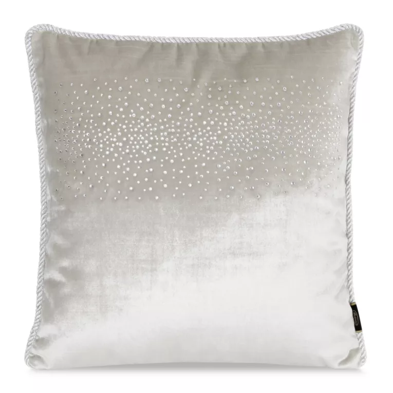 Poszewka na poduszkę 45x45 cm welwetowa, kremowa zdobiona drobnymi kryształkami i srebrnym sznurem na brzegach ROYAL 6