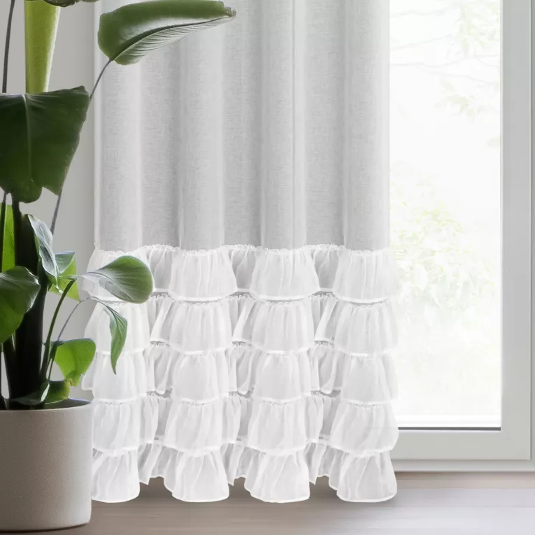 Firana biała z etaminy zdobiona w dolnej części falbanami 140x250 cm przelotka DANI