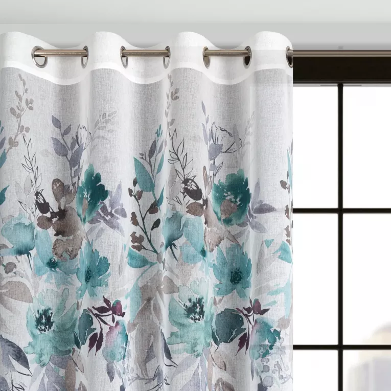 Dekoracja okienna biało, turkusowa z nadrukiem kwiatów, z lekkiej, półprzezroczystej etaminy 140x250 cm przelotka - GRETA - Design 91