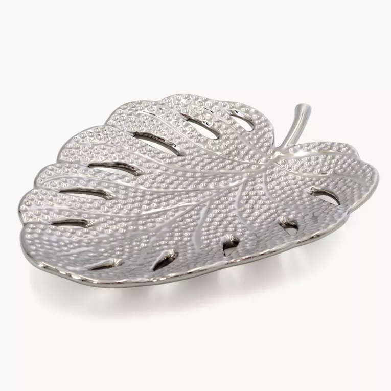 Patera dekoracyjna srebrna w kształcie liścia monstery 25x19x4 cm KARLO