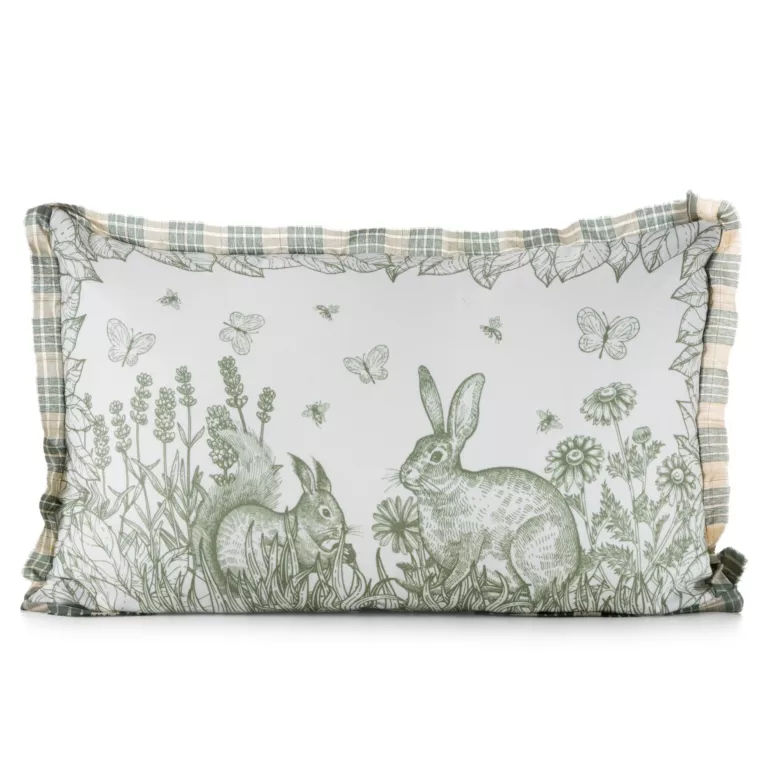 Poszewka na poduszkę 30x50 cm o strukturze lnu kremowo, zielona zdobiona nadrukiem zajączka WIOSNA 60