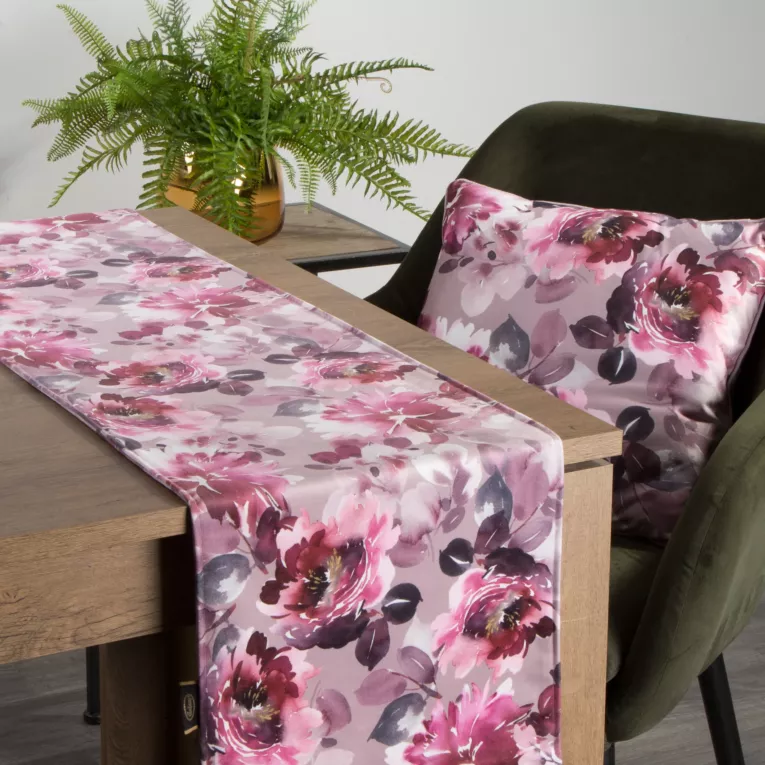 Bieżnik na stół różowo, pudrowy 35x180 cm dwustronny welwetowy bieżnik z nadrukiem barwnych kwiatów