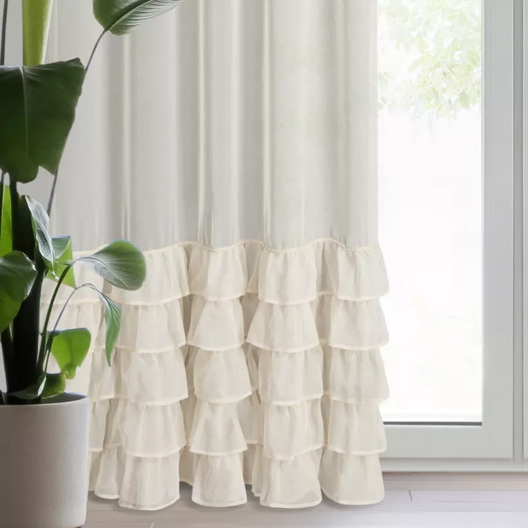 Firana beżowa z etaminy zdobiona falbanami i lśniącym pasem kryształków 140x250 cm przelotka CARLI