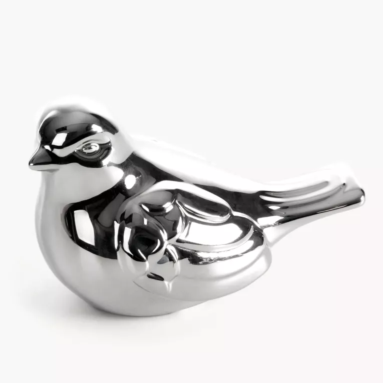 Figurka dekoracyjna ptaszek srebrna o wysokim połysku 15x9x10 cm FABIO