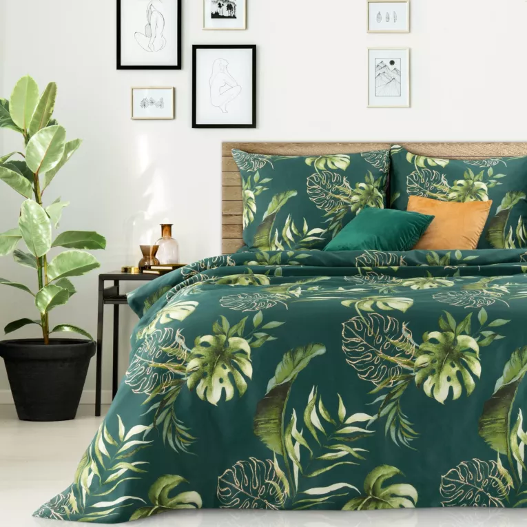 NOVA PRINT Komplet pościeli NIKA 10 z satyny bawełnianej z motywem egzotycznych liści monstery
