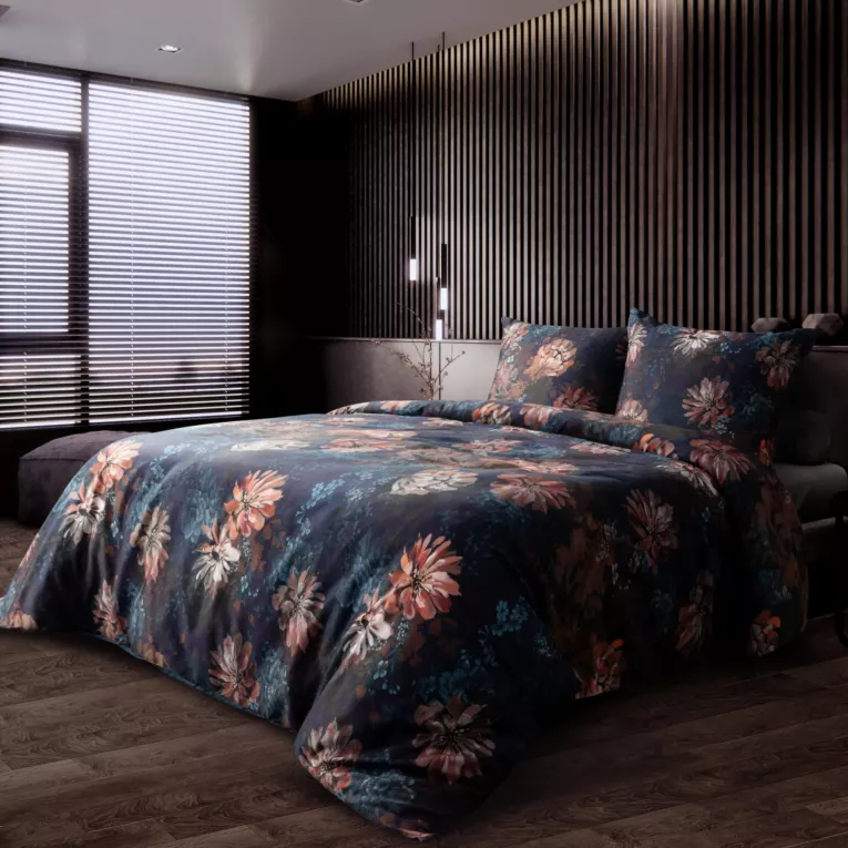 Pościel 160x200 cm z makosatyny bawełnianej kolor ciemnogranatowy, rudy z motywem kwiatów REINA 50