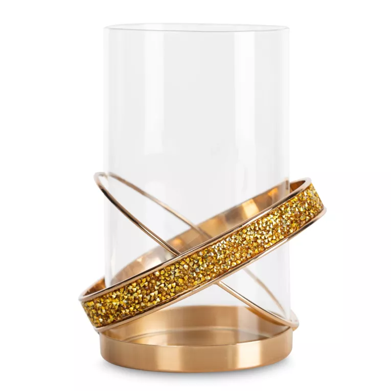 Świecznik dekoracyjny ANA z szklanym kloszem i metalową podstawą zdobiony złotymi kryształkami