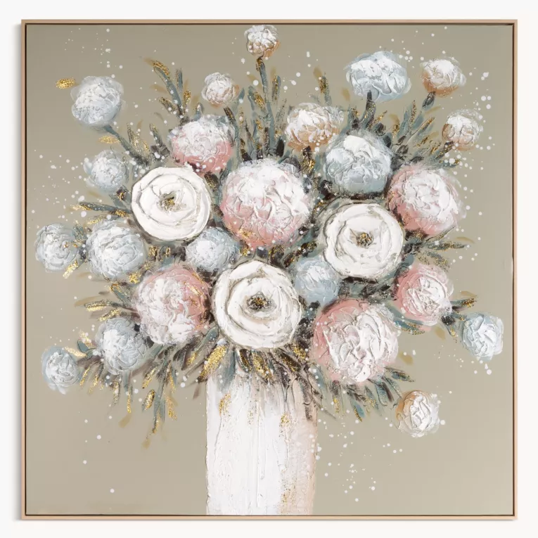 Obraz kremowo, beżowy ręcznie malowany z motywem kwiatów oprawiony w ramę 102x102 cm