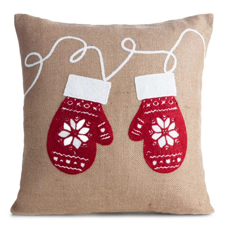 Poszewka na poduszkę 45x45 cm świąteczna beżowo czerwona z aplikacją z rękawiczkami