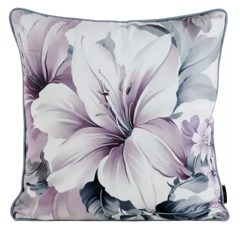 Poszewka na poduszkę 45x45 cm welwetowa, kremowo fioletowa, dwustronna z motywem kwiatów VELVET 122 Eurofirany Premium